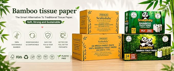 Premium & Soft Bamboo Toilet Paper | PFAS Free | 24 Mega Rolls, 3 ply & 350 Sheets | Non Toxic, Septic Safe, BPA Free | Tree Free Toilet Tissue | Plastic Free Packaging