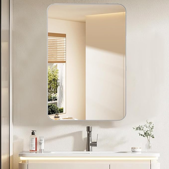 Medicine Cabinet with Framed Mirror, 20 x 26 Inch Silver Round Corners Bathroom Cabinets, Recessed or Surface Wall-Mounted, Double Doors, Removable Glass Shelves for Bathroom Bedroom Kitchen