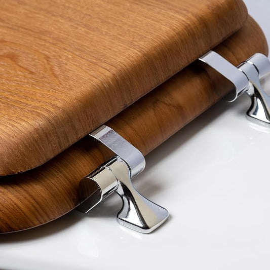 Mayfair Natural Oak Veneer Toilet Seat with Chrome Hinges, Elongated, Wood