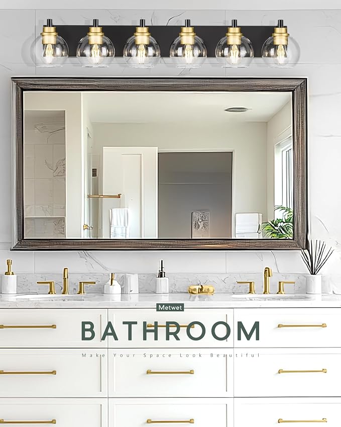 6-Light Black and Gold Bathroom Vanity Light, Clear Glass Globes | Ideal for 44-58" mirrors, 38" modern bathroom light fixtures over mirror, E26 base, bulbs not included, VL195-KG-6