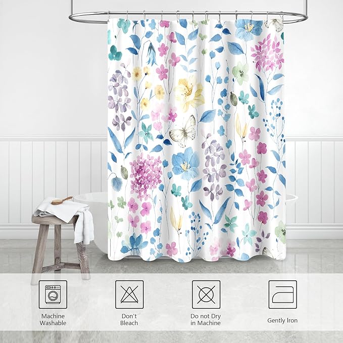 Extra Long Shower Curtain 72 x 96 Inch, Floor to Ceiling X-Long Blue Pink Floral Shower Curtains, Watercolor Flower Butterfly Fabric Shower Curtain Set with Hooks