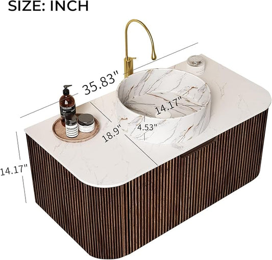LKTART 36 Inch Floating Bathroom Vanity with Sink, Modern Wall Mounted Bathroom Storage Cabinet with Drawer, Stone Pattern Round White Ceramic Sink Top and Marble Texture Top, Walnut