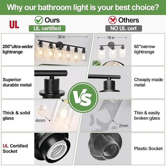 Zarbitta 6-Light Bathroom Light Fixtures, Black Modern Vanity Lights with Clear Glass Shade, Bathroom Wall Lamp for Mirror Kitchen Living Room Hallway Cabinet