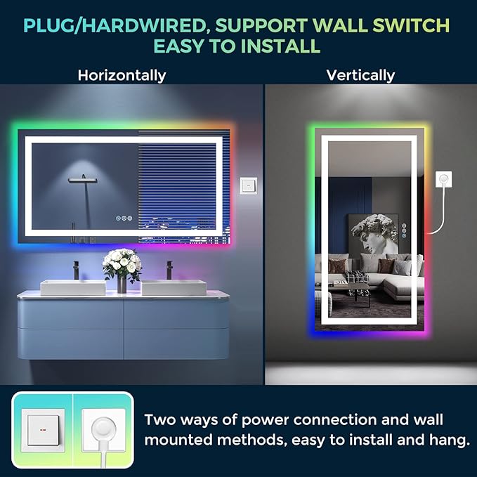 55x30 LED Bathroom Mirror with Lights, RGB Backlit Lighted Mirror | Backlit and Front Light, Anti-Fog, 3 Color Dimmable, Memory, Tempered Glass, IP54 Waterproof, UL Listed