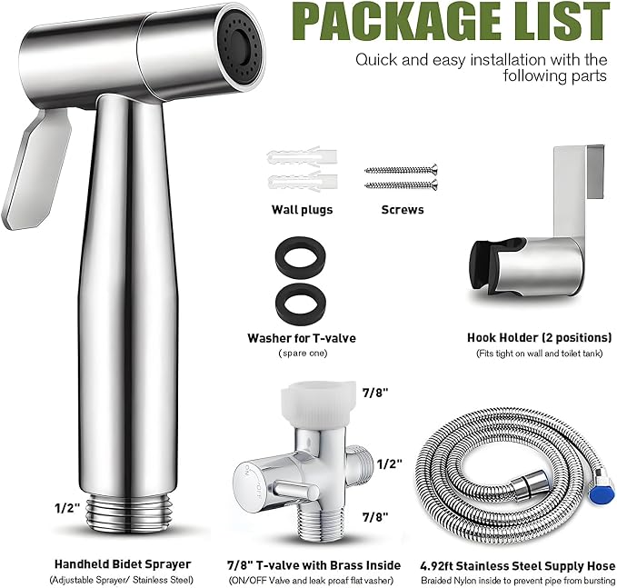 Handheld Bidet Sprayer for Toilet, Stainless Steel Bathroom Personal Hygiene Bidet Sprayer Set, Baby Cloth Diaper Sprayer with Adjustable Water Pressure Control, Perfect for Whole Family Cleaning Use