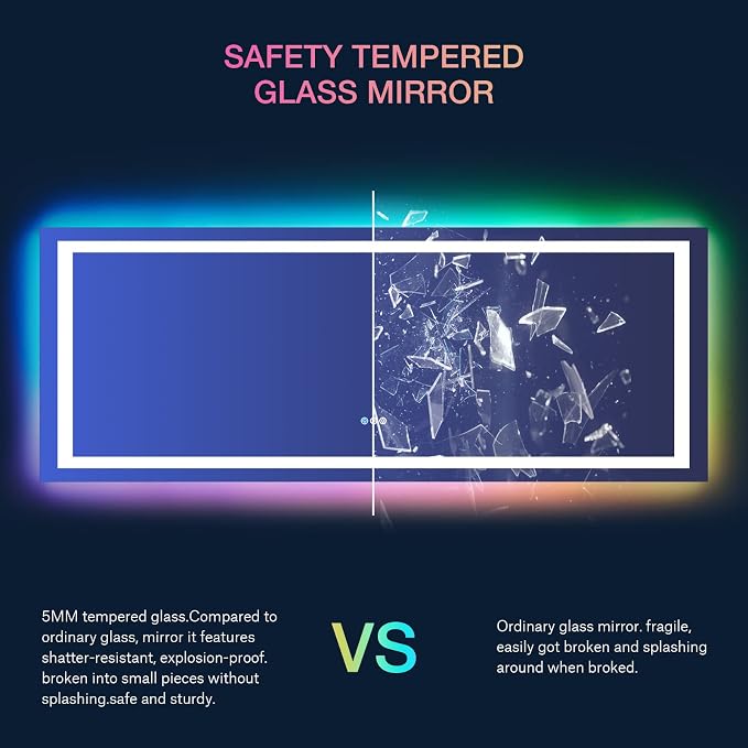 LOAAO 84X32 Inch RGB LED Bathroom Mirror with Lights, Anti-Fog, Dimmable Lighted Bathroom Vanity Mirror, Colorful Multiple Light Modes, RGB Backlit + Front Light, Memory Function, Tempered Glass | Anti-Fog, Dimmable, RGB Backlit + Front Lighted, Memory...
