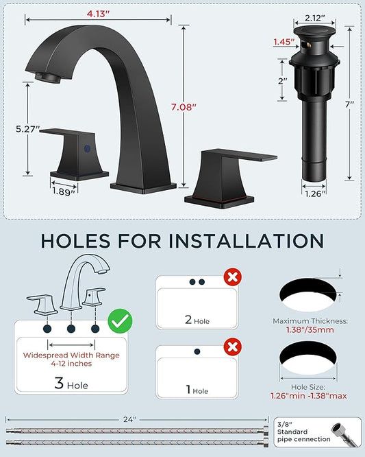 FORIOUS Bathroom Sink Faucet 3 Hole, Matte Black Bathroom Faucets for Vanity with Pop-up Drain and Supply Lines, Lead-Free 8 Inch Widespread Faucet for 3 Hole Sink