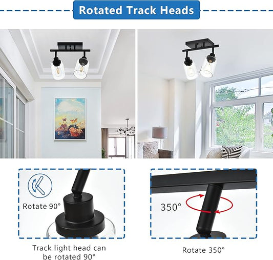 MELUCEE 2 Light Wall Scone Spotlight Semi Flush Mount Ceiling Light, 13.8 Inch Black Bathroom Lights Rotatable Track Lighting Kit for Hallway Porch Foyer Bath Storage, Clear Glass Shade