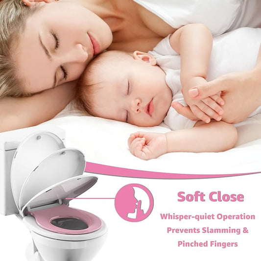 Potty Training Seat Built-in Toilet Seat, Round Toilet Seat 16.5inch with Baby Seat 2 in 1 Soft Close Quiet No Slapping, Magnetic Absorption, Easy Installation for Bottom Fixing Toilet,White and Pink