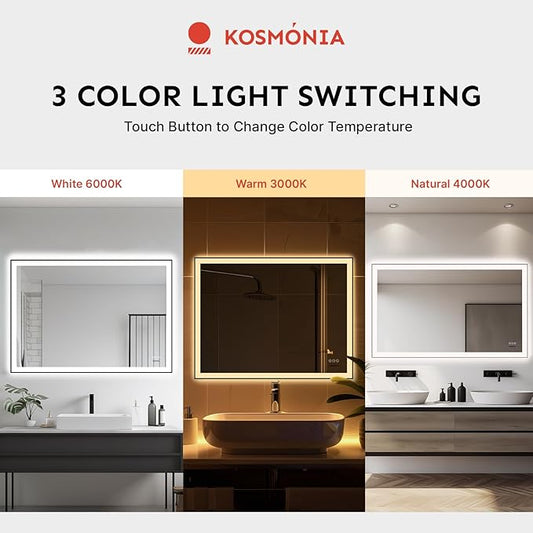 32x40'' LED Bathroom Mirror w/Light, Aluminum Frame, Dimmable Front & Backlit, Anti-Fog, Distortion Free, Light Memory, Tempered & Shatter-Proof Wall Mounted Vanity Silver Coating Mirror