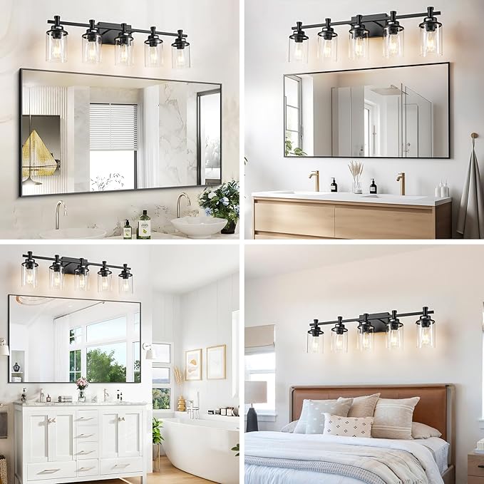 5-Light Black Bathroom Vanity Light, Modern Lighting Fixture With Clear Glass Shade, Wall Sconces Over Mirror