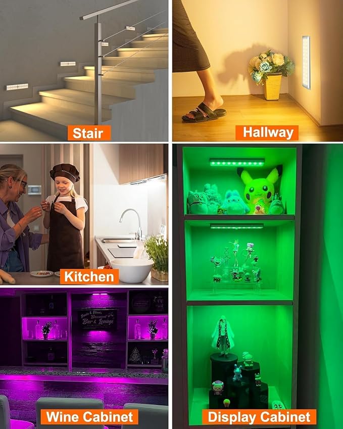 Under Cabinet Lighting Wireless, RGB LED Closet Lights, 4 Pack | 58 LEDs,Rechargeable Motion Sensor Light Indoor, Remote,Dimmable Under Counter Lights, Magnetic Night Lights for Kitchen