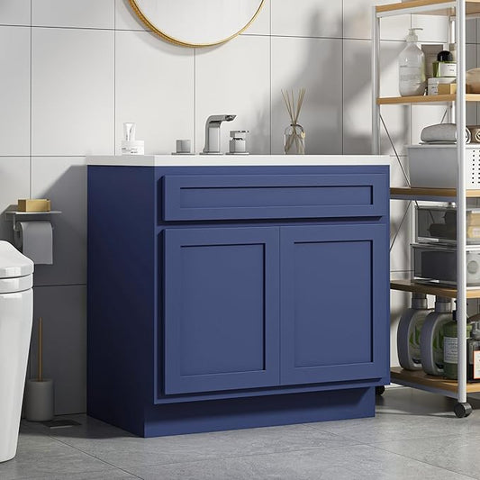Vanity Art 36 Inch Double Shutter Door Bathroom Vanity Base Cabinet with Soft Closing Shaker Drawer, Strudy Floor Mount Storage Cabinet Organizer for Bedroom, Living Room, Kitchen, VA4036-BLUE