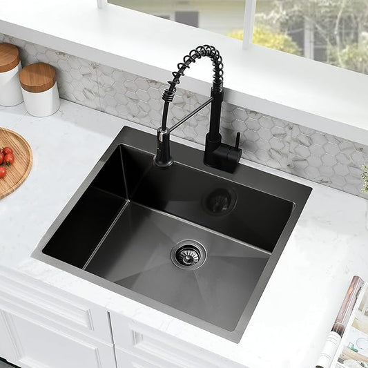 Black Drop In Laundry Sink with Faucet Combo, 25"x22"x12" Utility Sink Drop In Stainless Steel Laundry Sink 16 Gauge 12" Deep Single Bowl Kitchen Sinks