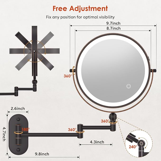 9" Wall Mounted Lighted Makeup Mirror,4000mAh Rechargeable Double Sided 1X/30X Magnifying Mirror with Light,Touch Dimmable,Extended Arm 360 Rotation Wall Mounted Makeup Mirror 3 Color Lights-Bronze