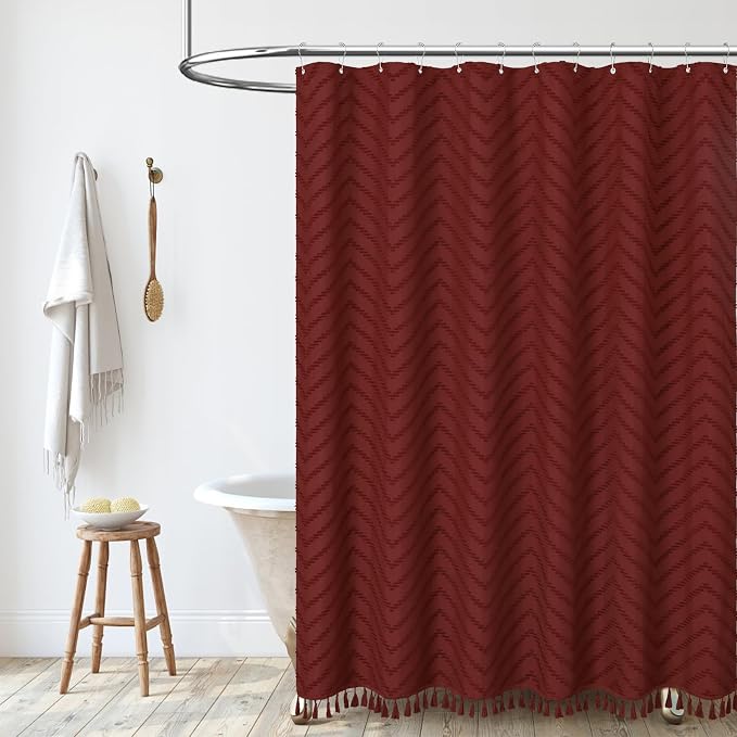 Boho Farmhouse Shower Curtain Tufted Chevron 72"x72" Burgundy | Elegant Tassel, Soft Lightweight Textured Fabric, Water Repellent, Washable, Hotel Spa, for Bathroom/Dorm/Apartment 12 Hooks