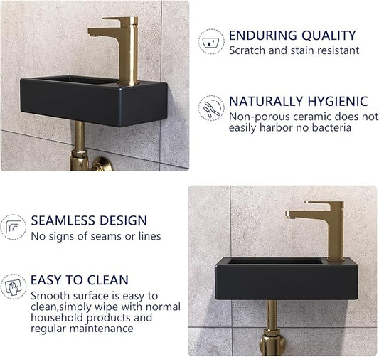 DeerValley Small Bathroom Sink, 15"x7" Mini Rectangle Wall Mount Vessel Sink for Bathroom Powder Room Cloakroom, Floating Space Saving Design, Easy to Clean Matte Black Ceramic Wash Basin (Right Hand)