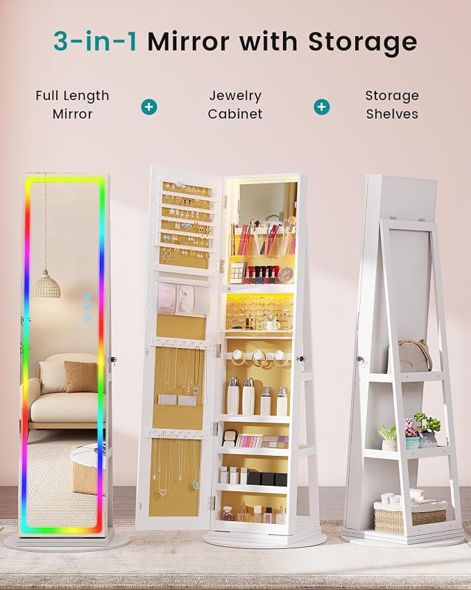 Vlskra Mirror Jewelry Cabinet Standing with Full Length LED Mirror, White | Lockable Jewelry Armoire with 14 RGB Color Modes, Rotating Jewelry Organizer with Dustproof Lock, Gift Idea for Women, Girls