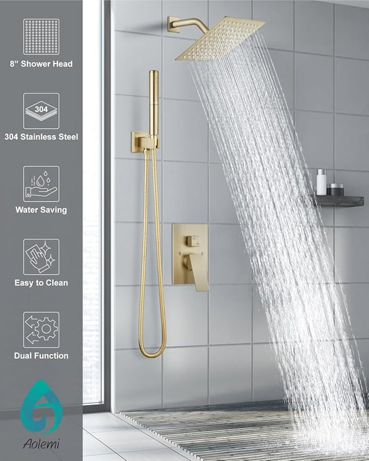 Aolemi Shower System with Rain Head and Handheld,8-Inch,Brushed Gold | High-Pressure Shower Faucet Set with Dual-Function Handheld,Rough-In Valve,1.8 GPM,Wall-Mount Trim Kit