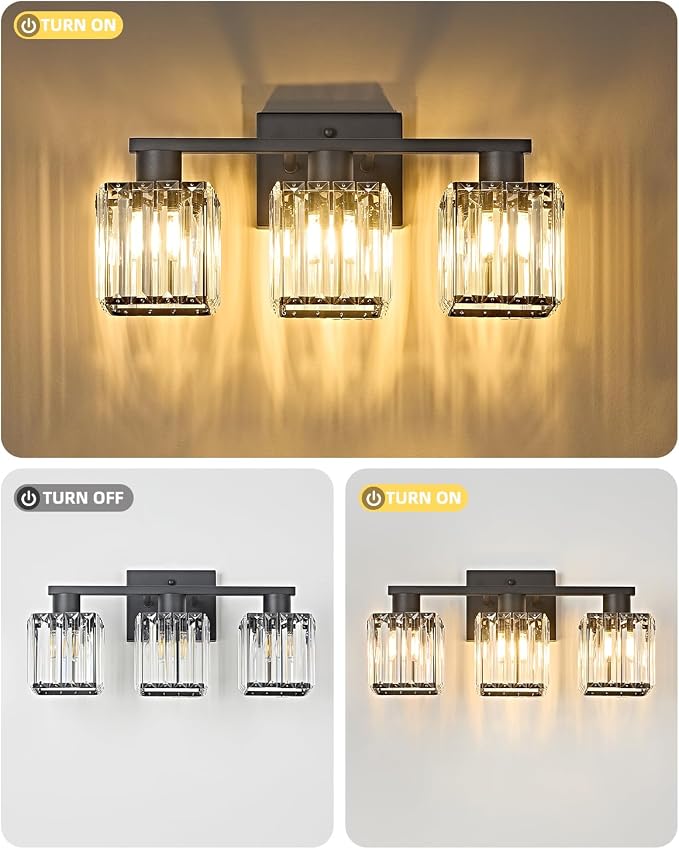 Bathroom Light Fixtures, Modern Black Crystal Wall Light for Bathroom, 18 inch Lighting Fixtures Over Mirror, 3-Light