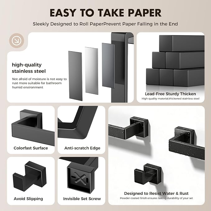 10-Pieces Matte Black Bathroom Accessories Set, 24 Inch Bath Towel Bar Set | Stainless Steel, Towel Ring, Toilet Paper Holder, Robe Hooks, Towel Racks for Bathroom Wall Mounted, Bathroom Hardware Set