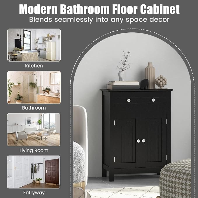 COSTWAY Bathroom Floor Cabinet, Wooden Side Storage Organizer w/Larger Drawer, Adjustable Shelf & 2-Door Cupboard, Freestanding Storage Cabinet for Living Room, Kitchen, Entryway (Black) | Larger Drawer, Adjustable Shelf & 2-Door Cupboard, Freestanding...