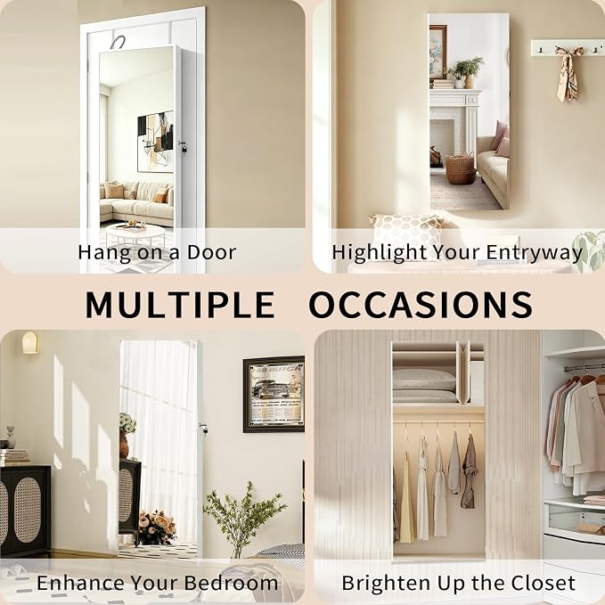 Lockable Jewelry Cabinet Organizer with Full Length Mirror, 6 Auto LED Lights, Wall & Over Door Mount Jewelry Armoire with Earring Slots, Necklace Hooks, Foldable Makeup Shelf