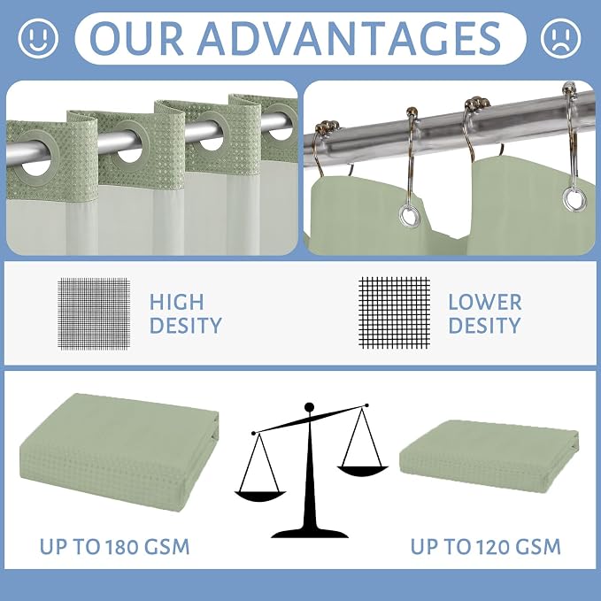 Furlinic Stall Shower Curtain No Hook with Snap in Liner,Waffle Weave Waterproof Bathroom Curtains with See Through Top Window & Weighted Magnets,Sage Green,54x80 Inch
