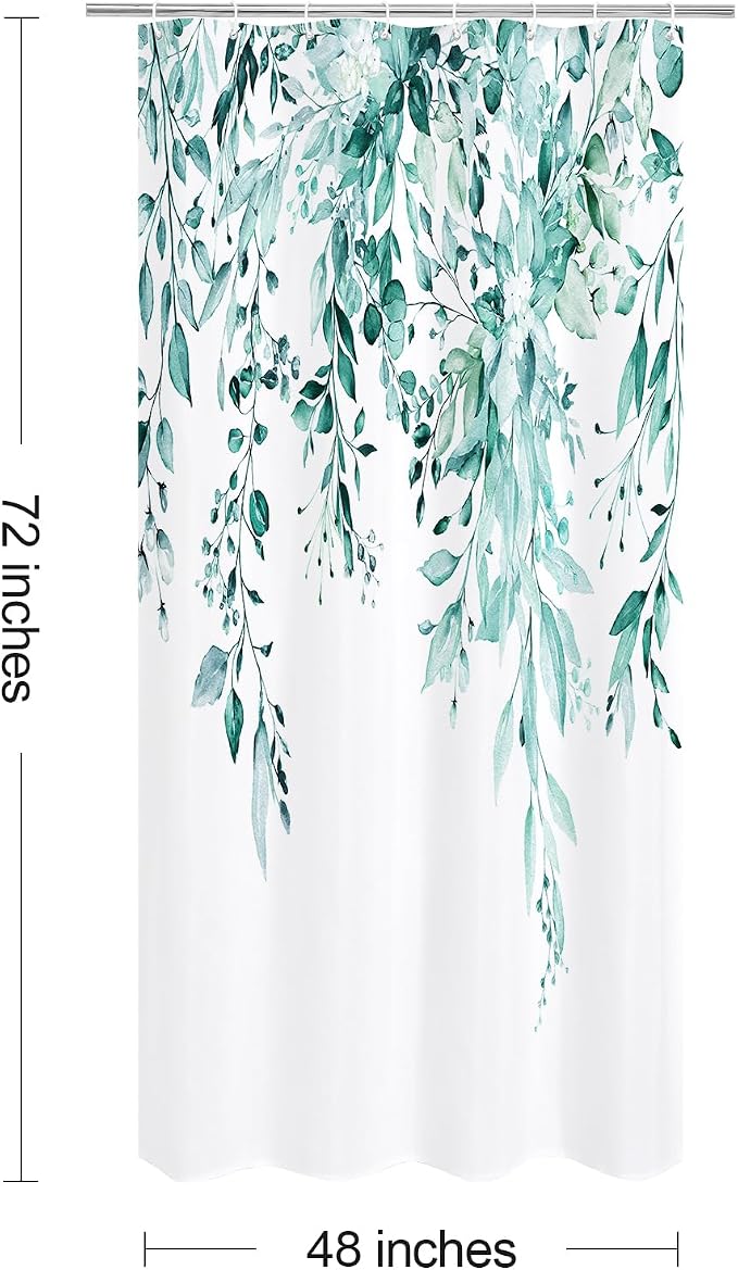Teal Eucalyptus Shower Curtain, Watercolor Floral Print, 48x72 | Watercolor Plant Leaves Floral Print, Stall Waterproof Fabric Bathroom Decor, Machine Washable, Rustproof Grommets