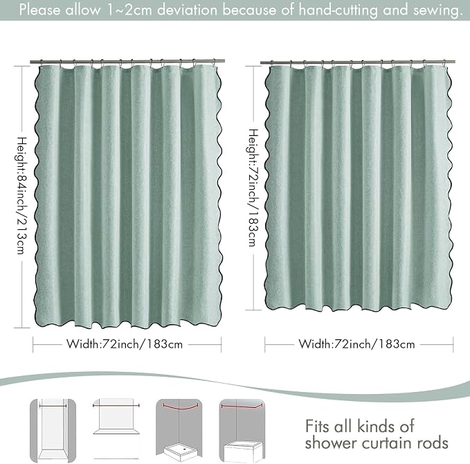 MIULEE 72"x84" Extra Long Scalloped Linen Shower Curtain Seafoam Green | Linen Textured, Waterproof, Washable, 12 Metal Hooks, Heavy Duty Cloth, Black Border, Shower Curtain for Bathroom Bathtub