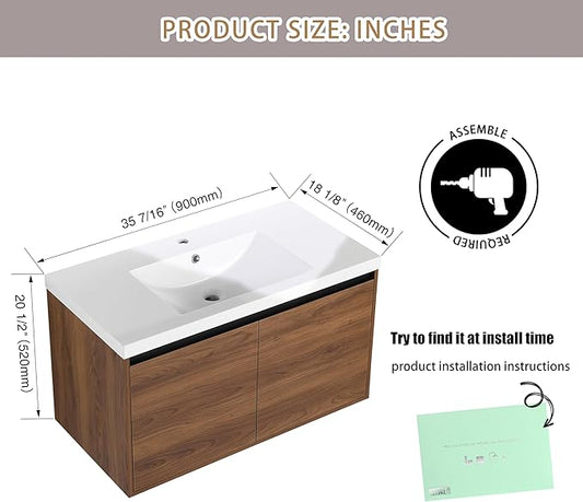 36" Floating Bathroom Vanity,36 Inch Bathroom Vanity with Sink,Single Sink Wall Mounted Vanity Combo,Dark Brown Wall Mounted Cabinet Set