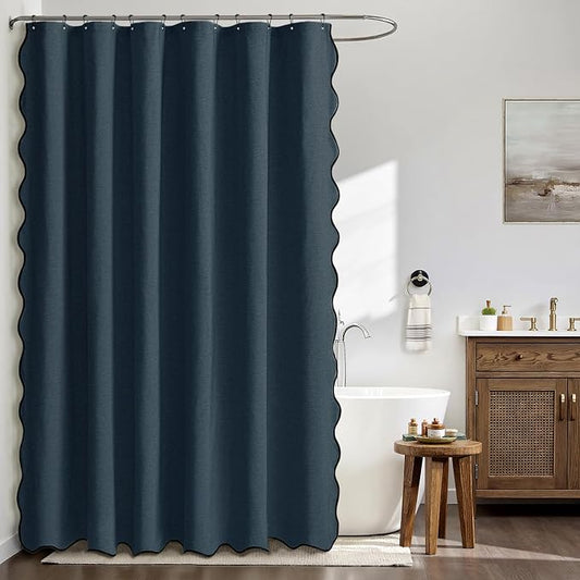 MIULEE 72"x84" Extra Long Scalloped Linen Shower Curtain Navy Blue | Linen Textured, Waterproof, Washable, 12 Metal Hooks, Heavy Duty Cloth, Black Border, Shower Curtain for Bathroom Bathtub