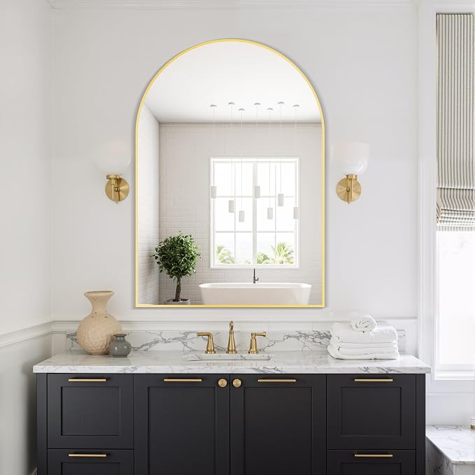 Arched Bathroom Mirror, Gold, 28"x40" | Wall Mounted, Vanity Mirror, For Bedroom, Living Room and Entryway