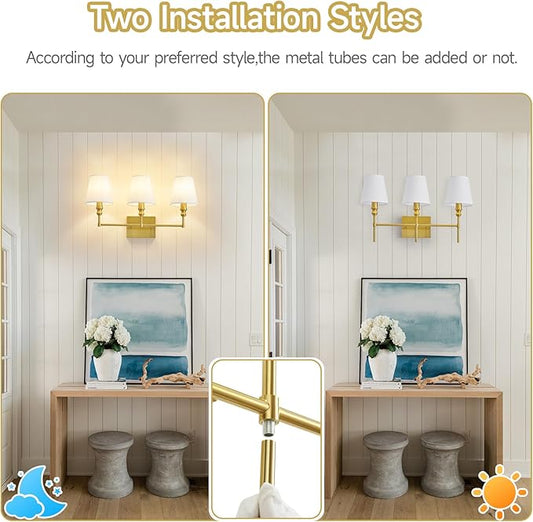 Bathroom Light Fixtures,23.6 IN Bathroom Vanity Lights Over Mirror,3-Light Antique Brass Vintage Wall Sconce With Flared White Fabric Lampshade For Bedroom,Living Room,Foyer,Hardwired,E12 Base