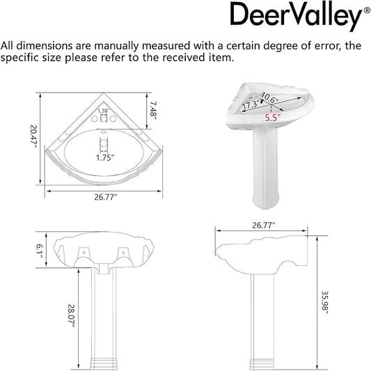 DeerValley White Triangle Corner Pedestal Sink with Overflow, Space-Saving Ceramic Bathroom Sink for Small Spaces and Corner Installation