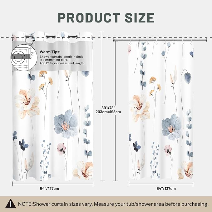 No Hook Floral Shower Curtain with Liner, Blue Beige, 54x80 | Snap in Liner, 3 in 1, Water Repellent, Easy Install, Machine Washable, Hotel Style for Bathroom, Watercolor Pattern