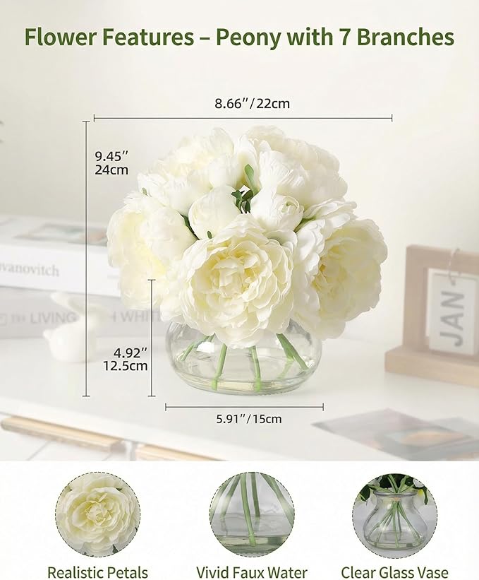 Garvee Artificial Peonies Flowers with Vase, Mixed White Silk Peony Bouquet with Faux Water in Glass Vase, Lifelike Fake Peonies Floral Arrangement for Table Centerpiece, Wedding, Party, Home Decor