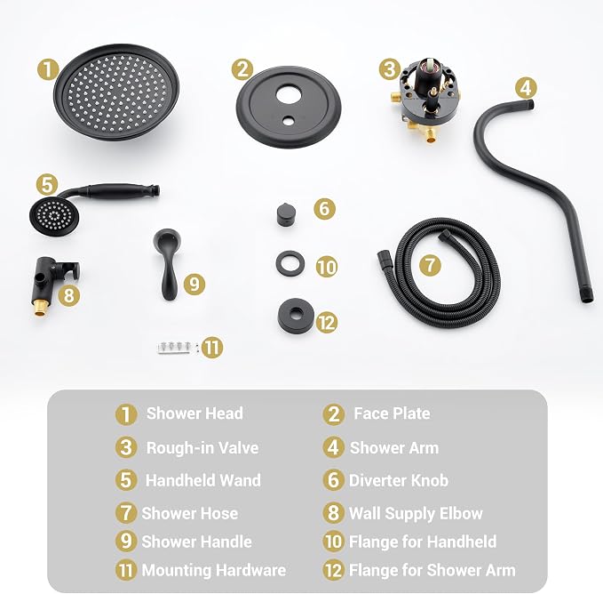 DASAN Rain Shower System Antique Shower Faucet Complete Sets, Shower Fixtures Combo with Pressure Balance Valve, Trim Kit, 9’’ Rainfall Overhead Shower & Handheld, Color Matte Black AT209W-MB