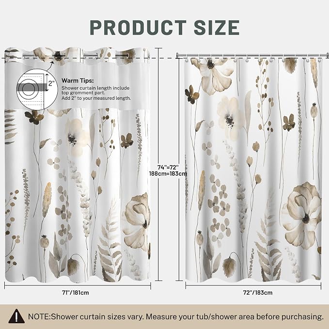 No Hook Floral Shower Curtain with Liner, Beige, 71x74 | Snap in Liner, 3 in 1, Water Repellent, Easy Install, Machine Washable, Hotel Style for Bathroom, Watercolor Pattern