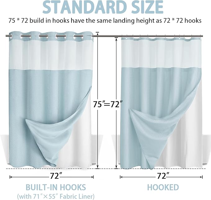 No Hook Shower Curtain with Liner Set Hotel Waffle Curtain Aqua 72W X 75L | Washable Snap in Fabric Liner, Mesh Top Window, Waffle Hotel Style Shower Curtain Set