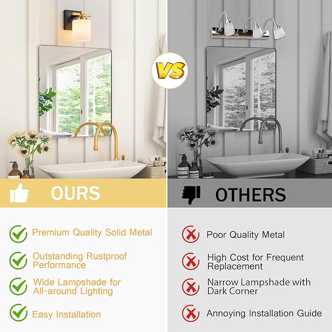 Modern Bathroom Light Fixtures Over Mirror, Vanity Lights for Bathroom Wall Sconces with Milky White Glass Shades, E26 Socket (Bulbs Not Included), 1 Light, Black Gold