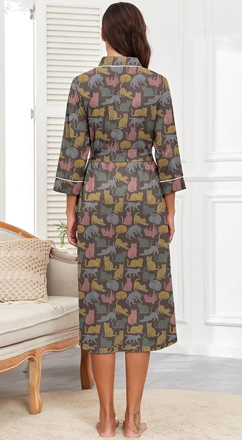 PrinStory Robes for Women 3/4 Sleeve Long Bath Robe XS-4XL | V-Neck Knit Bathrobe with Pockets, Lightweight, Soft, Breathable Robes for Shower, Spa, Travel, Home, Party, Nursing