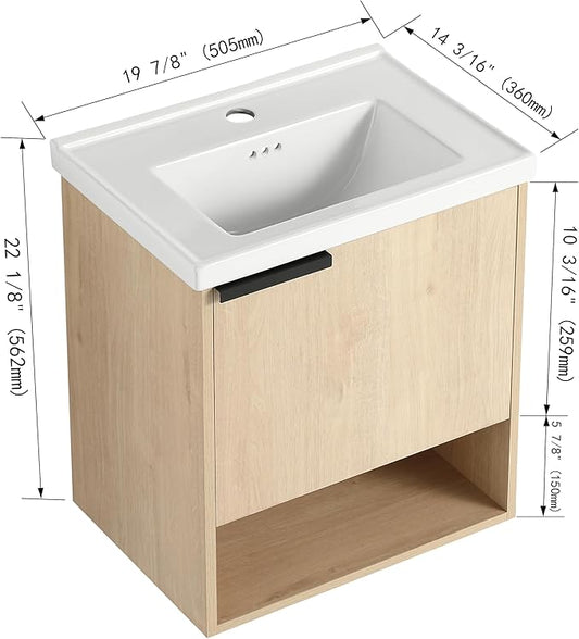 Malwee 20" Floating Bathroom Vanity with Sink, 20 Inch Single Sink Wall Mounted Bathroom Vanity, with 1 Door and White Ceramic Basin Top for Small Space, Plywood(066-20MA)