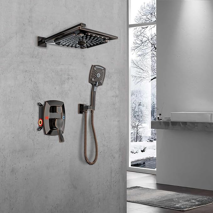 ELLO&ALLO Oil Rubber Bronze Bathroom Shower Faucet Set Mixing Valve and Trim Kit, Complete Shower System with Rough-in Valve