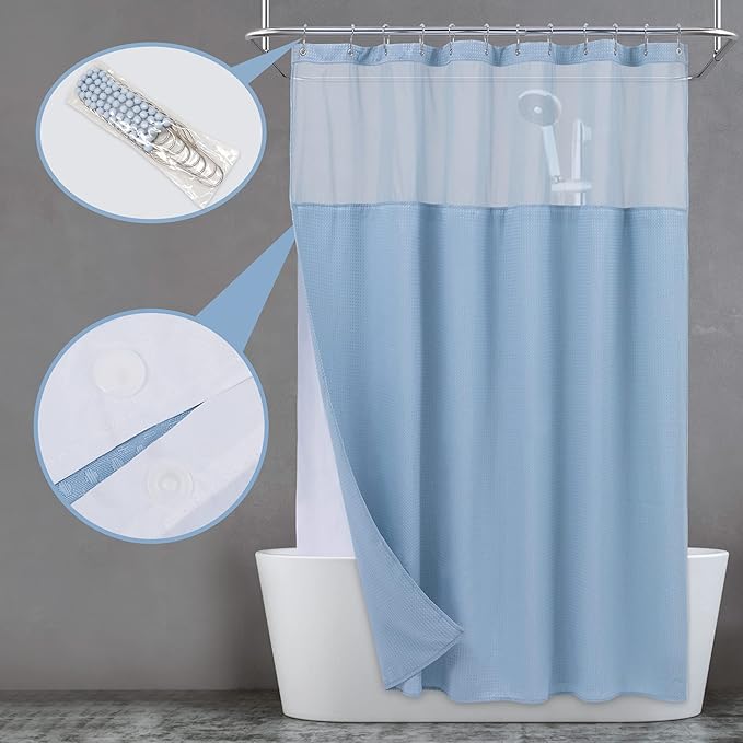 N&Y HOME Waffle Weave Shower Curtain with Snap-in Liner Set Blue, 71x72 | 12 Metal Hooks Included, Snap on/off Fabric Liner, Mesh Window, Washable, Hotel Style Blue Shower Curtain Set for Bathroom