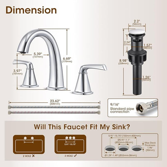 Widespread Bathroom Faucet 3 Hole, Polished Chrome Bathroom Sink Faucet | 2 Handle Brass Bathroom Faucets for Vanity Faucet with Pop Up Drain and 2 Supply Lines