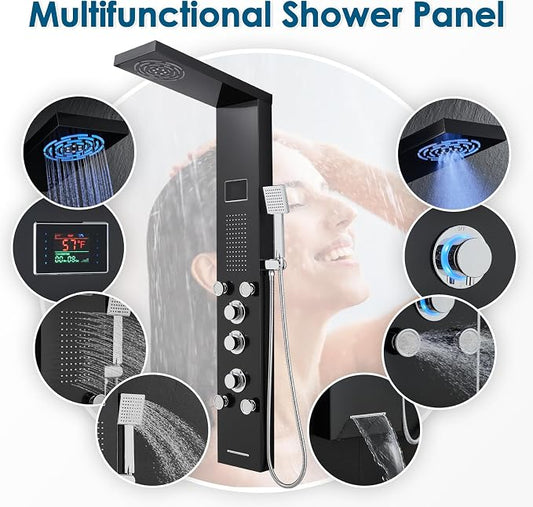 ROVOGO LED Shower Panel Tower With Lights & Digital Display, Water Powered | Rain Mist Shower Head, Handheld, 5 Body Jets, Tub Spout, Hydroelectric Shower Column Stainless Steel W/ Brass Valves, Black