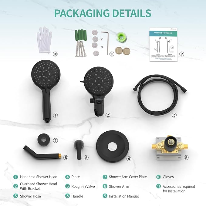 SR SUN RISE Dual 2 in 1 Shower System with Handheld,Matte Black | 3-Way Diverter Rain Shower Combo Set,6 Spray Setting,High Pressure,Soild Brass,Included Valve and Trim Kit