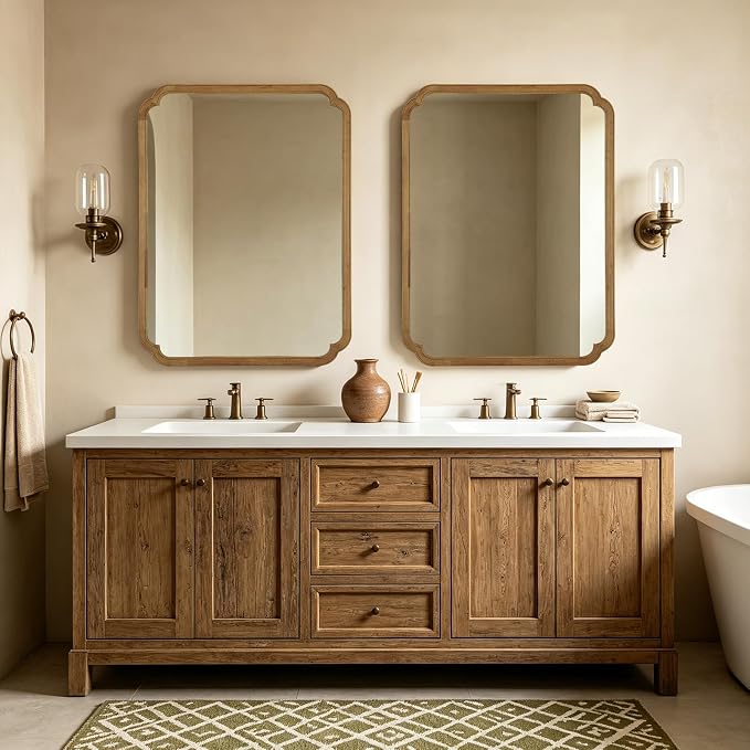 36" x 48" Wood Bathroom Mirror for Wall Mounted, Rustic Rounded Corner Wood Frame Wall Mirror for Entryway, Living Room or Bedroom Home Decorative, Natural
