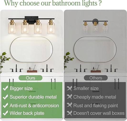 Indoi 4-Light Bathroom Light Fixtures, Black and Gold Modern Vanity Lights with Clear Glass Shades, Bathroom Wall Lamp for Mirror Living Room Cabinet Bedroom Porch